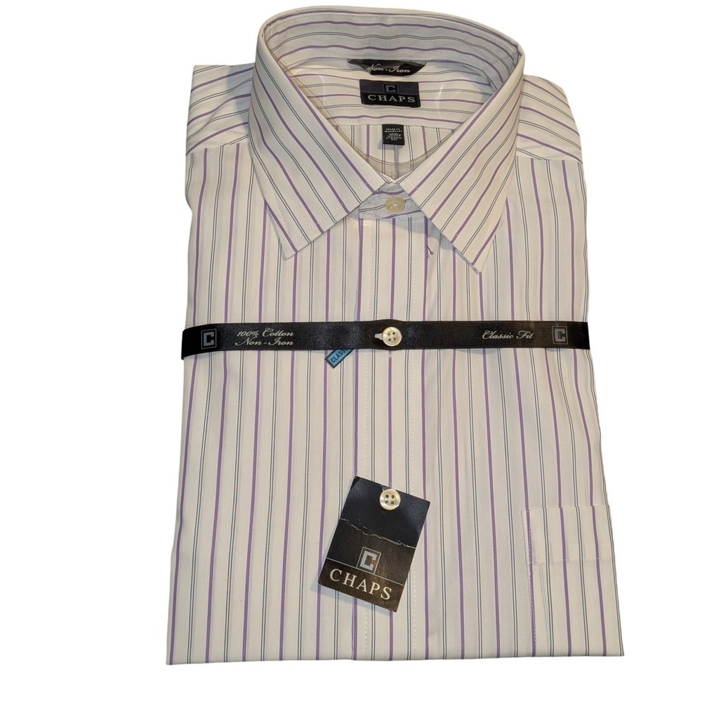 Chaps Mens Non-Iron Dress Shirt Purple White Striped Classic Fit 16.5 36/37 NEW